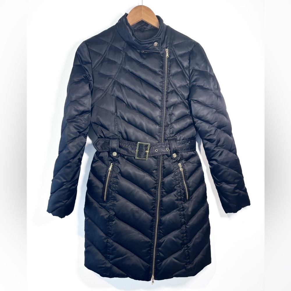 Guess Black Chevron Quilted Belted Zip Up Winter Puffer Jacket Women’s Size XS